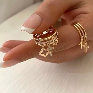 NEW LUXURY Stainless Steel 18 K Gold Plated Elegant Gold Cross Charm Ring